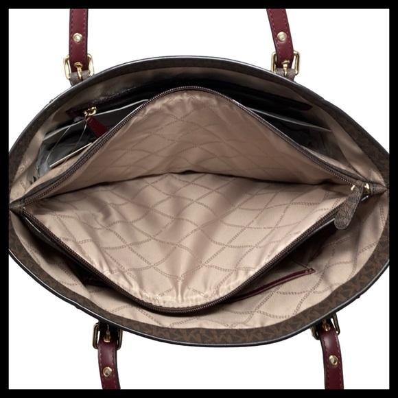 MICHAEL KORS Voyager East/West Tote Merlot With Brown MK Logo - Picture 14 of 16